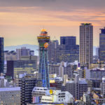 Osaka, Japan skyline at twilight.